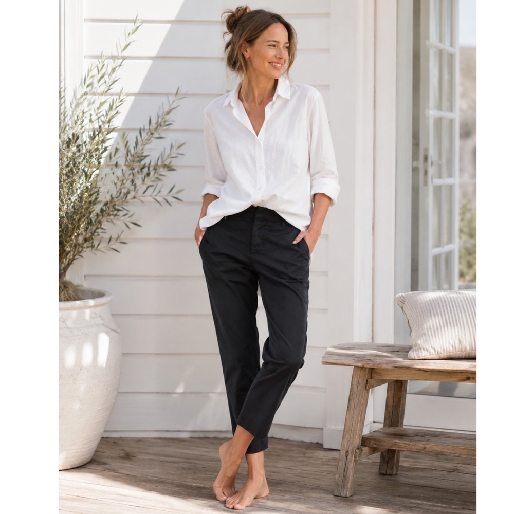 Frank & Eileen Wicklow Italian Cotton Chino Pants Black Raw Hem Women 6 LUXURY